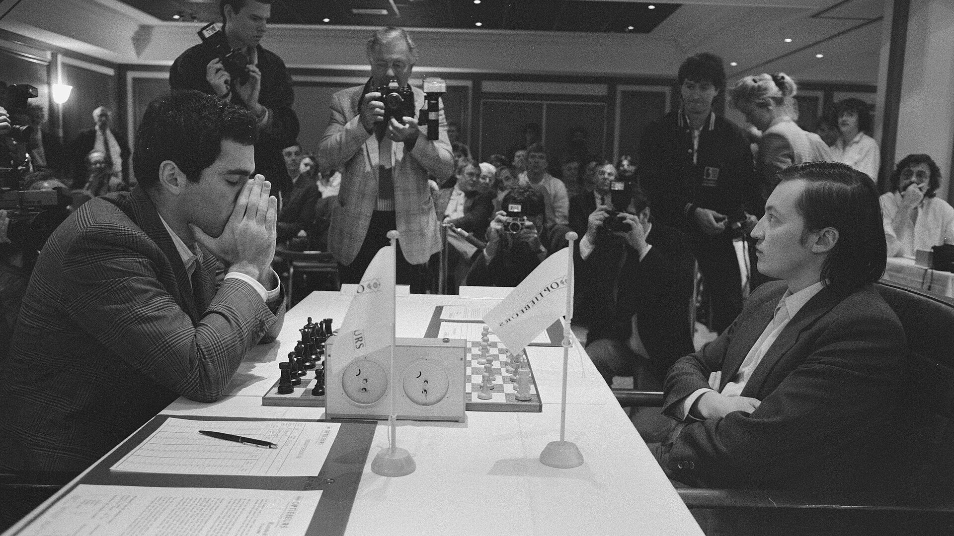 Garry Kasparov thinking over a position in Lucerne, 1982